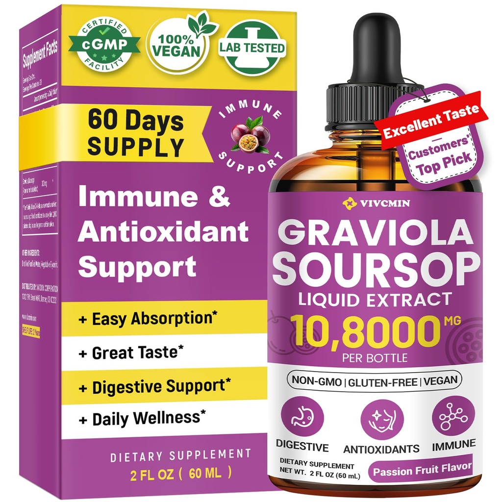 Graviola Soursop Broşürü Sıvı - Soursop Bitters Sıvı, Destek Immune, Relax, Liver ve Sleep, Sugar & Alkol-Free, Highly Absorbable Formula, Passion Fruit Flavor, 2 Fl Oz