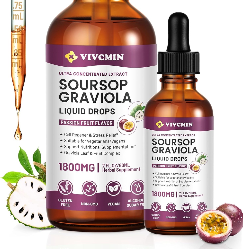 Graviola Soursop Leaf Extract Liquid - Soursop Bitters Υγρό, Υποστήριξη Ανοσοποιητικό, Χαλαρώστε, Ήπαρ και Ύπνο, Ζάχαρη & Αλκοόλ-Δωρεάν, Πολύ απορροφήσιμη Φόρμουλα, Πάθος Φρούτα Γεύση, 2 Fl Oz