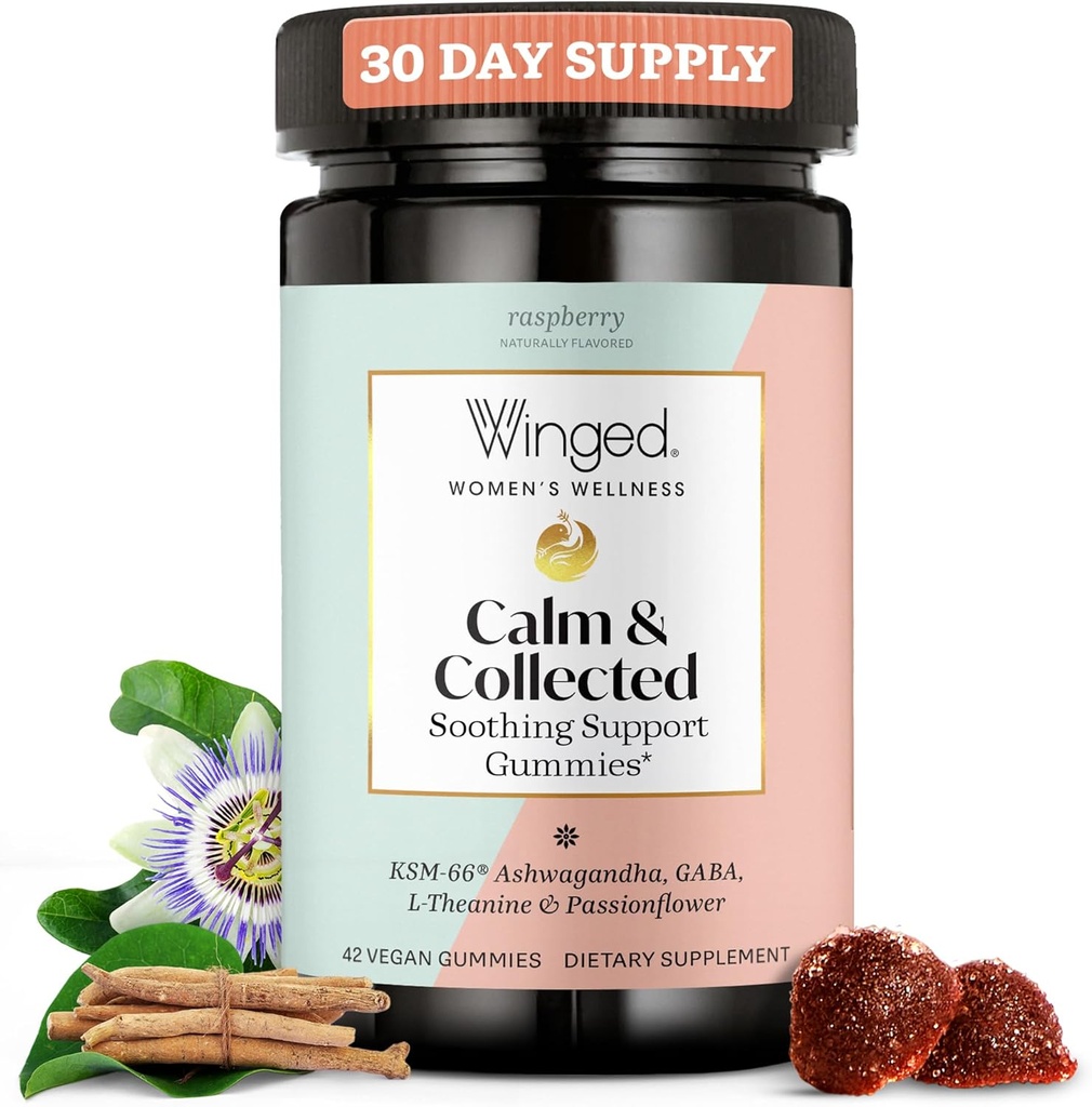 Kanatlı Wellness Calm & Toplandı, Stres Yardımı Gummies - KSM-66 Ashwagandha, L-Theanine, GABA & Passionflower - Vegan & Gluten-Free Gummy - Raspberry, 42 Count