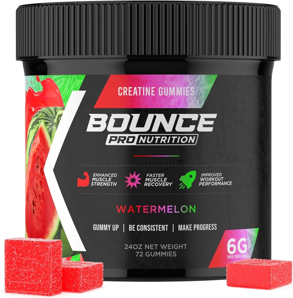 Bounce Pro Kretine Monohidrat Gummies for Men & Women, Low Calorie, 6G of Kretine per Service, Vegan, Anti-Melting, Gluten-Free, Non-GMO, 2g of Tinatine per Gummy (72ct, Watermelon)
