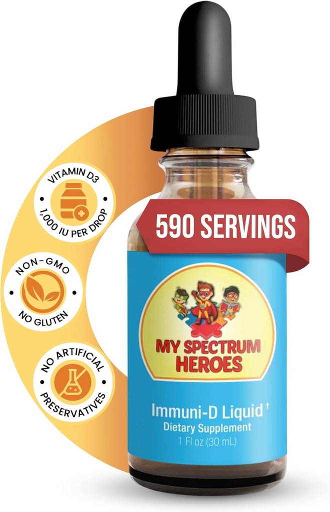 My Spectrum Heroes - Immuni-D Sıvı Vitamin D3 Supplement, 1000 IU Per Servis, Gluten-Free, Tasteless Vitamin Liquid, Aids in Mineral Abxia for Kids & Adult - 1 FI oz (30 mL)