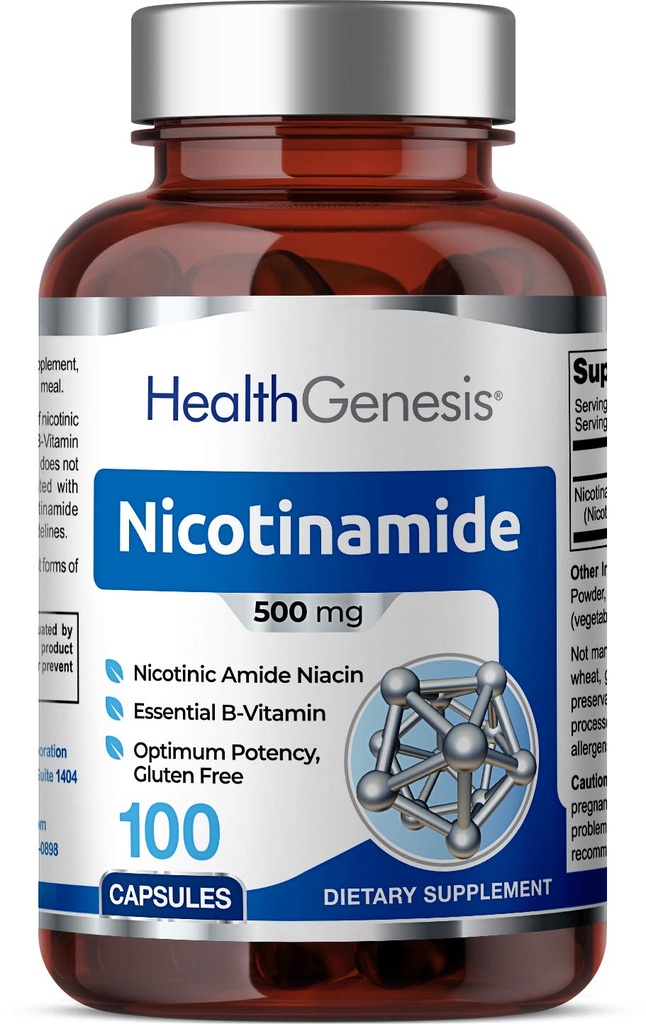B-3 Nicotinamid 500 mg 100 Caps - Nicotinic Amide Niacin Natural Flush-Free Vitamin Formula - Cilt Hücre Sağlıkları Destek