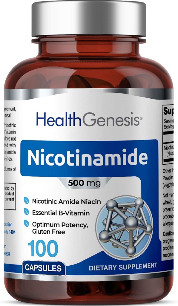 B-3 Nicotinamid 500 mg 100 Caps - Nicotinic Amide Niacin Natural Flush-Free Vitamin Formula - Cilt Hücre Sağlıkları Destek