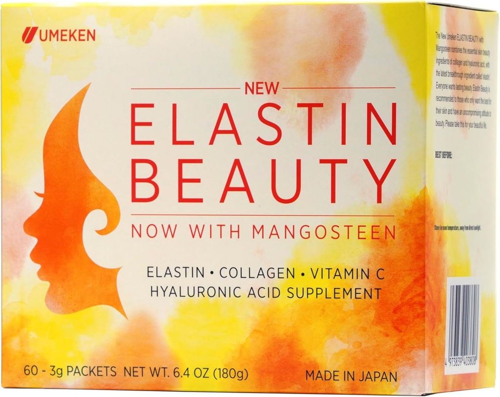 Umeken Elastin Beauty Powder Supplement with Collagen Peptides, Hyaluronic Acid, Vitamin C and Mangosteen Fruit, Women’s Health and Wellness, 1 Month Supply, 60 Packets