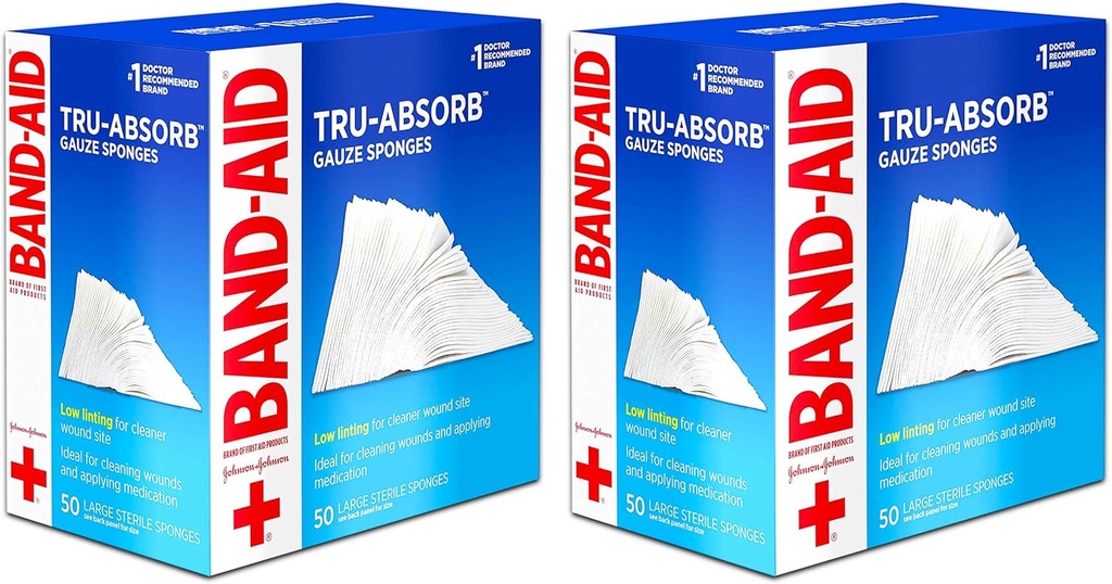 Band Aid Προϊόντα Πρώτης Βοήθειας Tru-Absorb Σφουγγάρια Στείρα Gauze για τον καθαρισμό και τη μάζεμα Πληγές, Low-Lint Design, 4 ίντσες επί 4 ίντσες, 50 Count (Pack of 2)