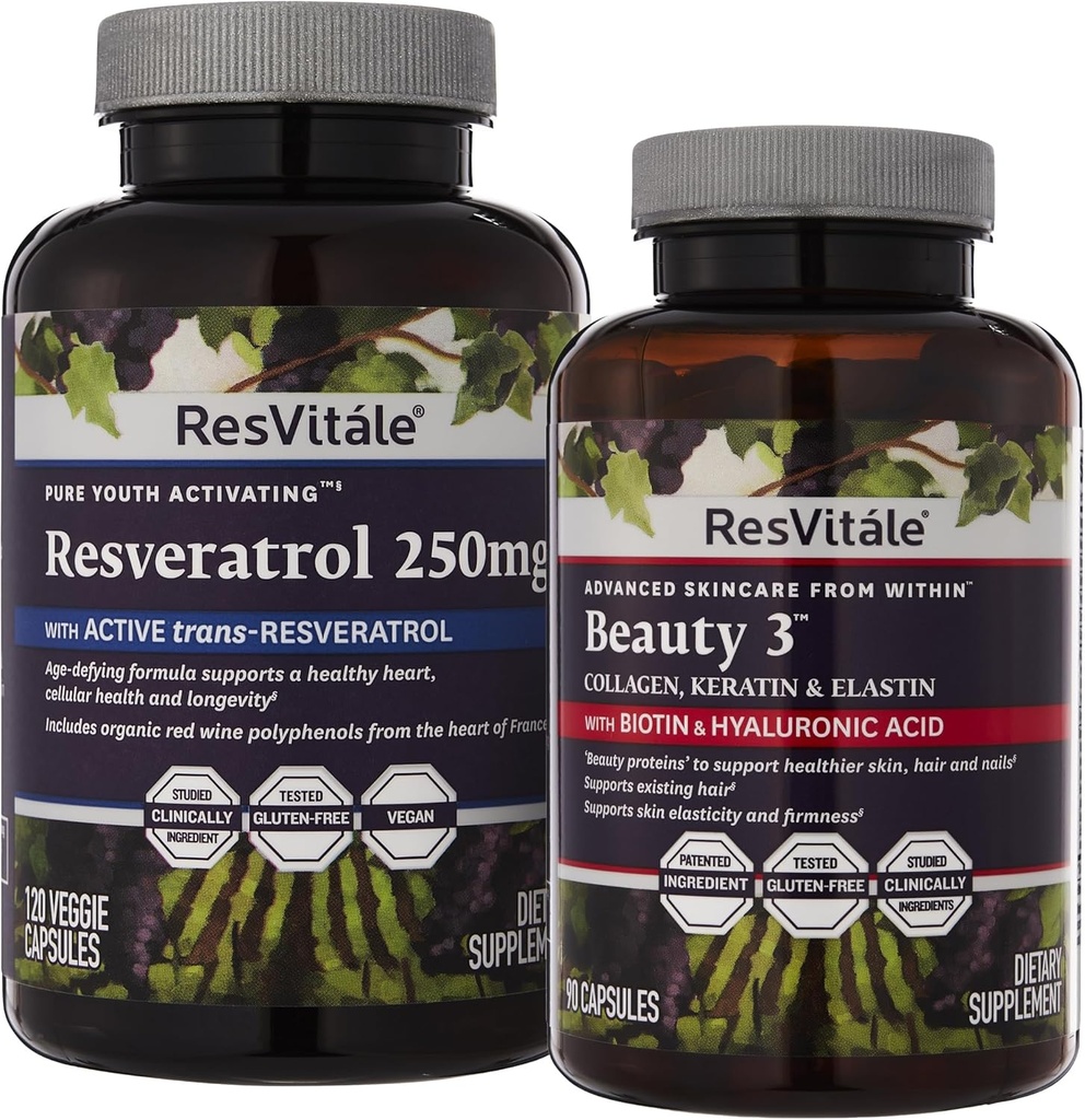 ResVitale Beauty 3 - συμπλήρωμα περιποίησης δέρματος με κολλαγόνο, κερατίνη & ελαστίνη - 90 κάψουλες & ρεσβερατρόλη 250 mg - συμπλήρωμα ρεσβερατρόλης για άνδρες και γυναίκες - 120 κάψουλες Veggie