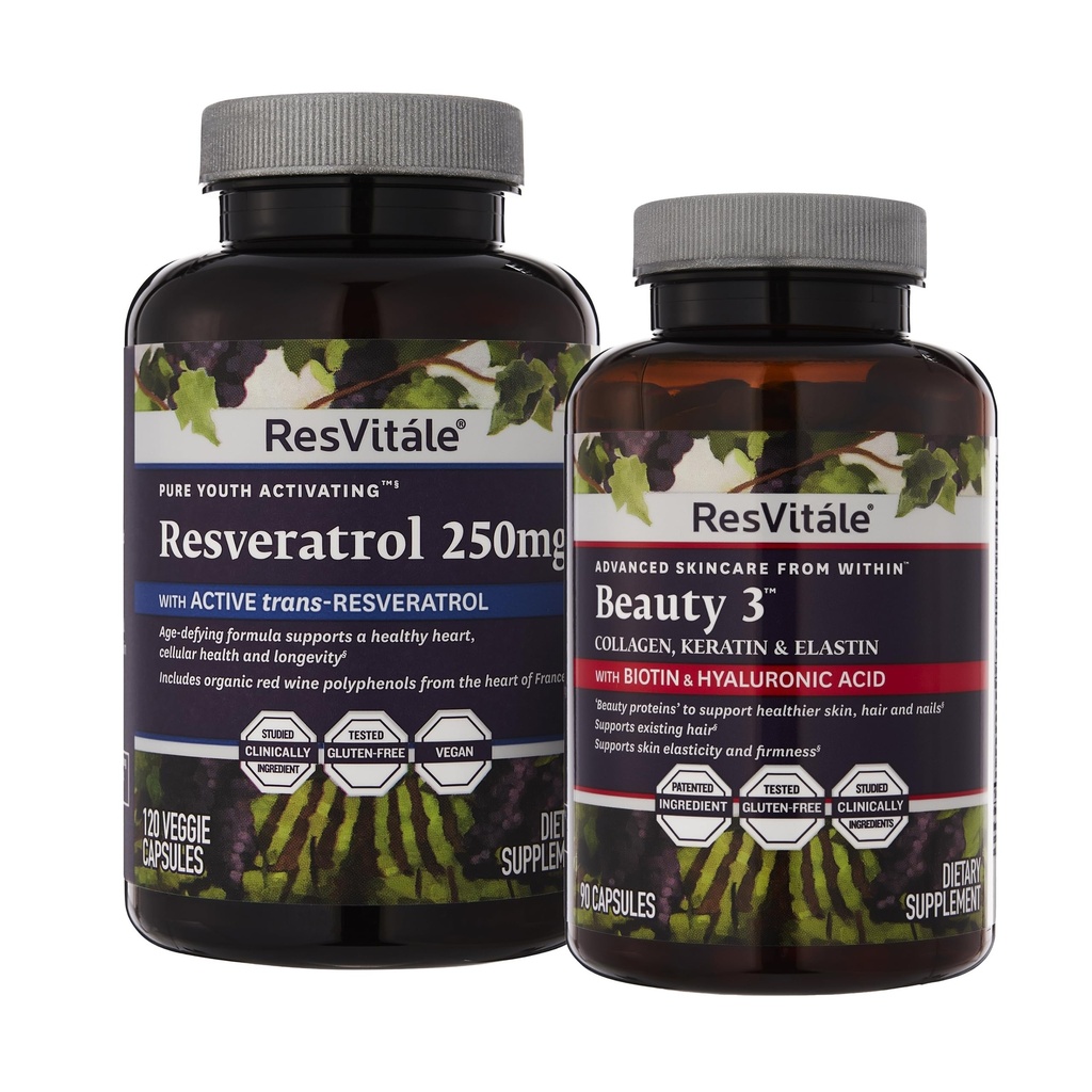 ResVitale Beauty 3 - Skin Care Supplement with Collagen, Keratin & Elastin - 90 Capsules & Resveratrol 250 mg - Erkekler ve Kadınlar için Resveratrol Tamam - 120 Veggie Capsules