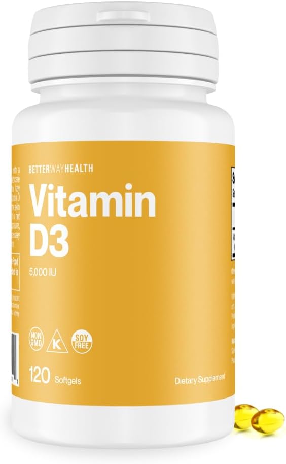 Better Way Health Vitamin D3 5000 IU - Yüksek Potency Softgel Vitamin D Supplement for Immune & Bone Health - Non-GMO, Dairy-Free, 120 Softgels