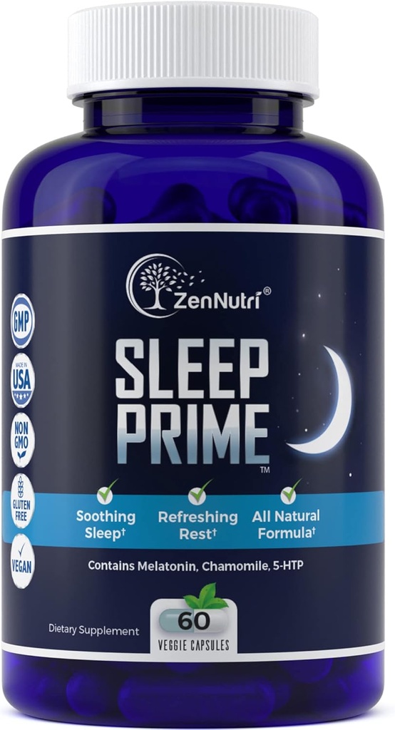 Sleep Prime Vegan Natural Sleep Aid for Adult Extra Strength - Deep Sleep Supplement - Herbal Uyku Pill - Stres Yardımı - Melatonin, GABA - 60 Veggie caps