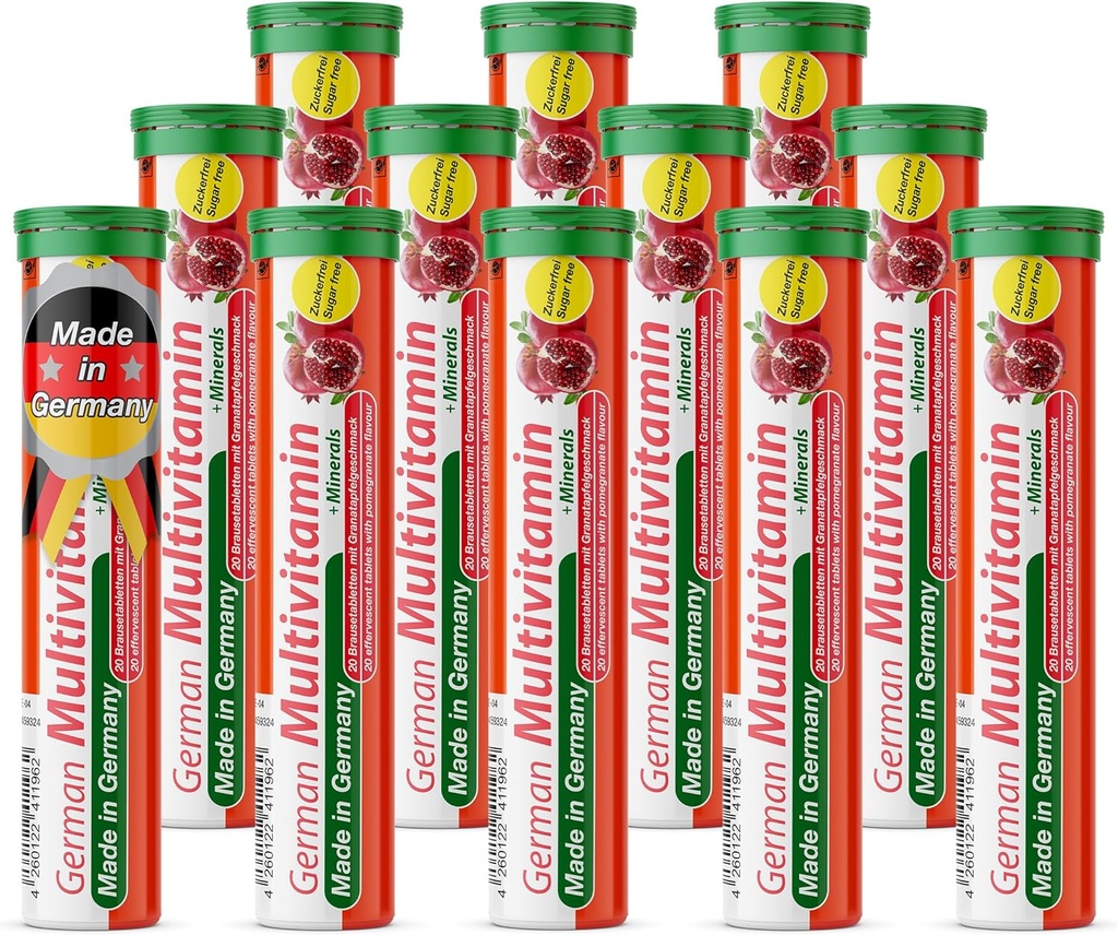 T&D Alman Multvitamin + Minerals 10 Vitamin 2 Minerals - 240 Vegan İçecek Effervescent Tabletler - Pomegranate Flavor - Almanya'da Made in Germany