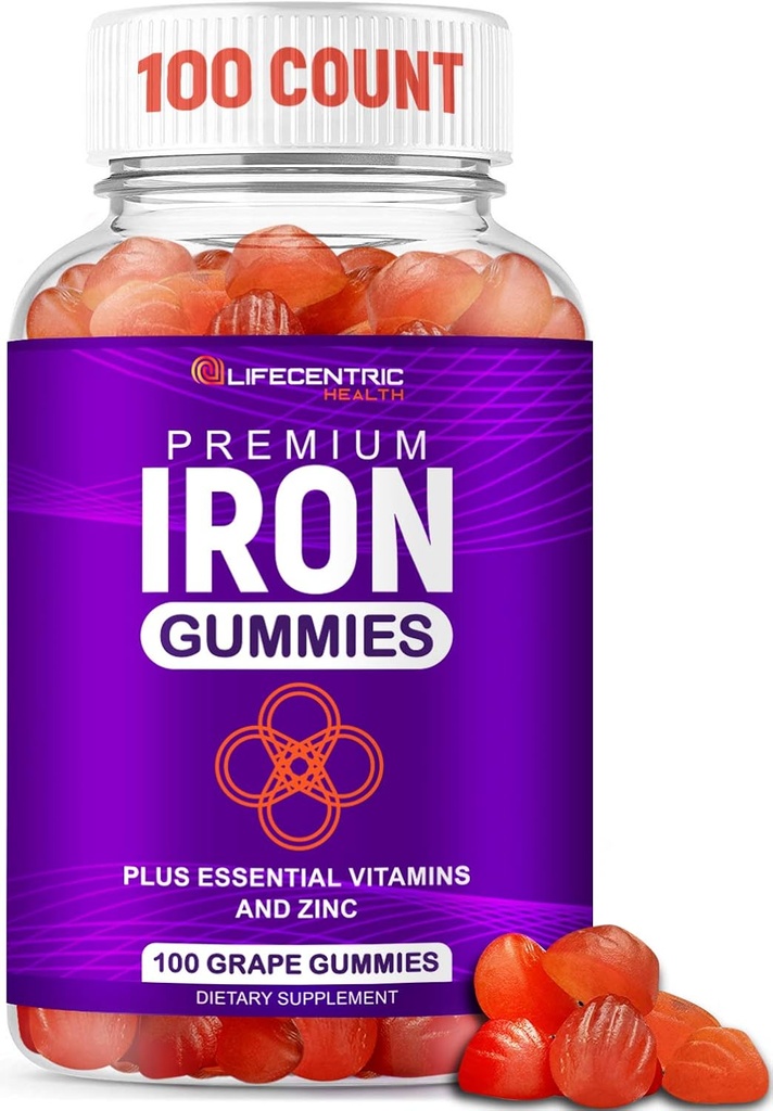 LifeCentricHealth Iron Gummies for Yetişkinler & Çocuklar | Biotin çinko Vitamin B Folic Asit Gummies | Vegan Gluten Free for Women & Men