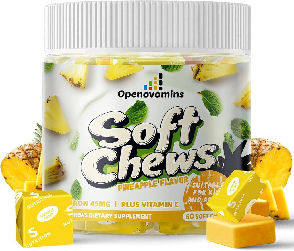 Iron Supplement Chews with Vitamin C for Women Men and Kids, Natural Vegan Iron Soft Chew with Vitamin B6,B12,D,ba & çinko - Enerji Desteği, 60 Pineapple SoftChews,2 Ay Supply