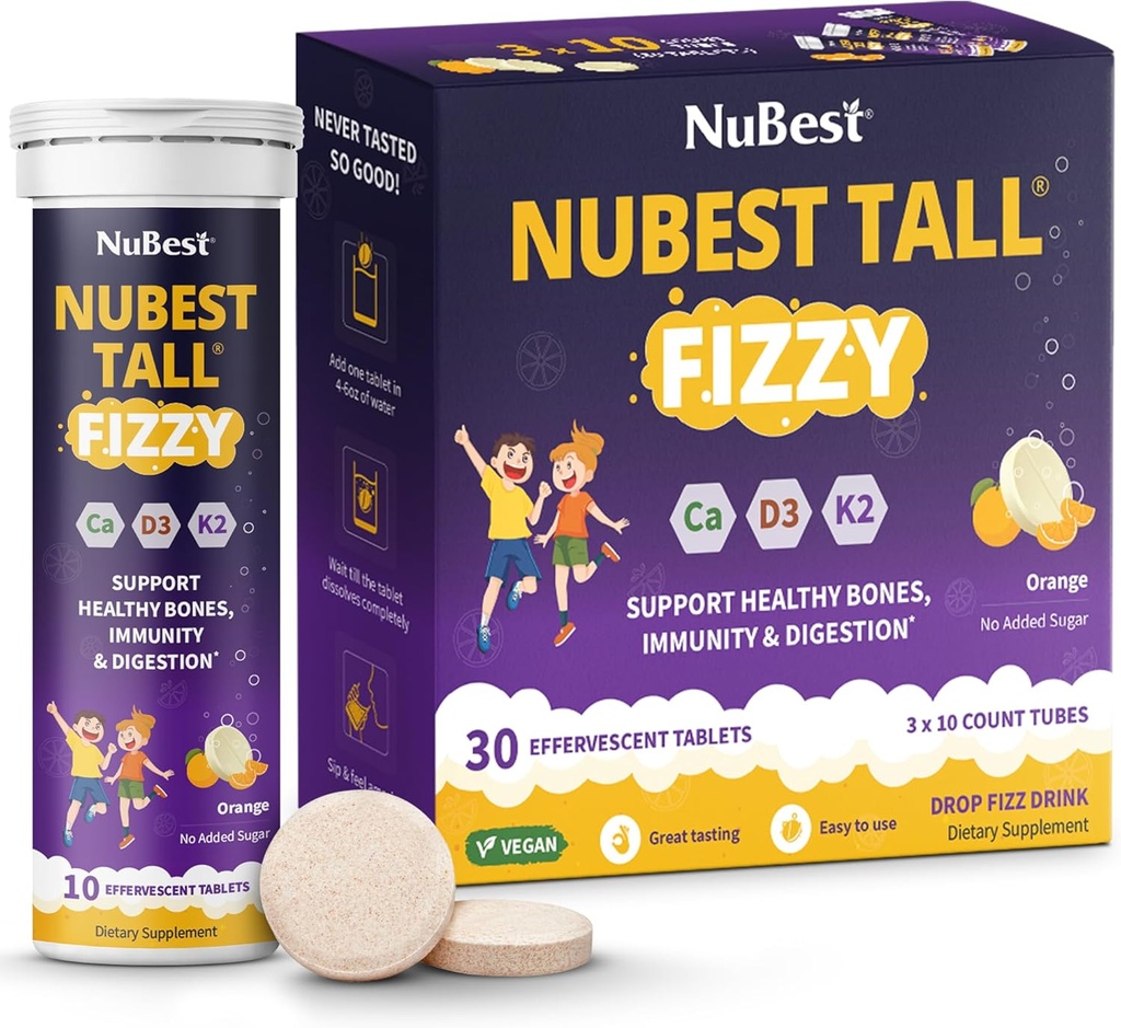 Nu Best Tall Fizzy - Bone Strength, Immunity, Digestive Health for Kids Age 4+ &Young | Probiyotik,uba, Red Marine Algae, Vitamins | 30 Orange Effervescent Tabletler | Paket 3