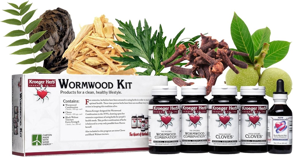 Kroeger Herb Ürünleri, Wormwood Herb Supplement Kit, Black Walnut, Clove, Quassia, Worm Wood Detox Cleanse - Capsules, Non-GMO, Gluten Free, No Preservatives or Fillers, Made in USA