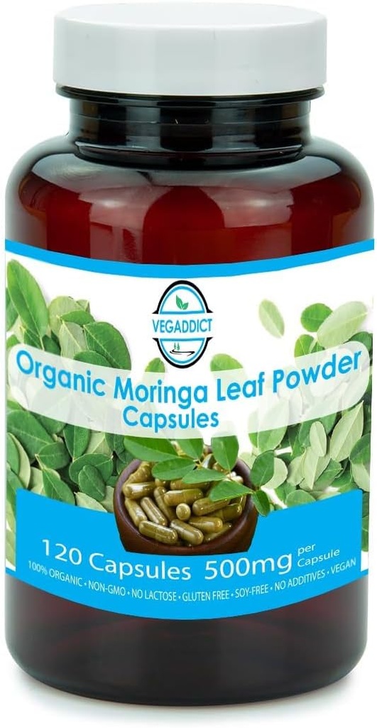 Certified Organic 100% Raw & Pure Moringa Leaf Powder Capsules | Moringa Oleifera | Natural Herbal Supplement | 120 Capsules | No Additives | Gluten Free |Lactose Free | Soy Free| Vegan