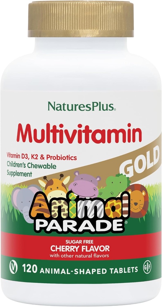 NaturesPlus Ζωική Παρέλαση Χρυσό Παιδική Μασώμενη Πολυβιταμίνη - Φυσικό Κεράσι Γεύση - 120 Ζωικό Σχήμα-Πίνακες, Συσκευασία των 2 - με βιταμίνη D3, K2 & Προβιοτικά - 120 Σύνολο Σερβιέτες
