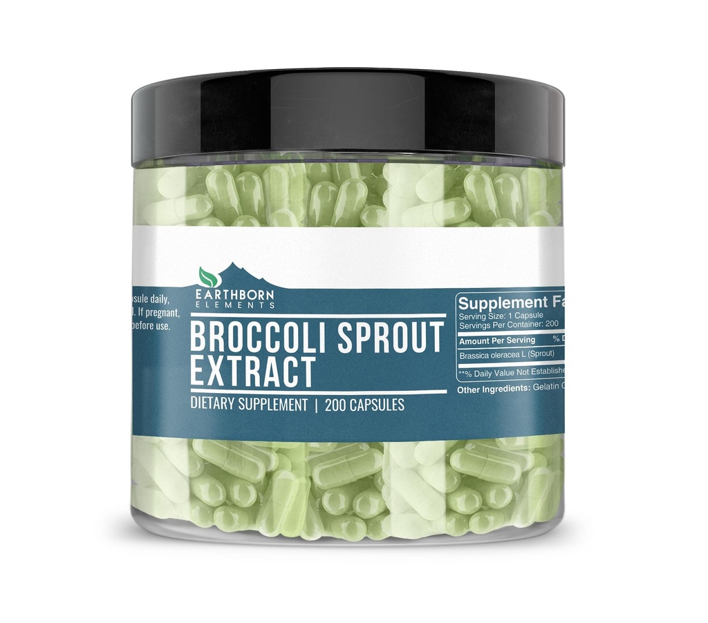 Earthborn Elements Broccoli Extract 200 Capsules, Pure & Undiled, No Wordss
