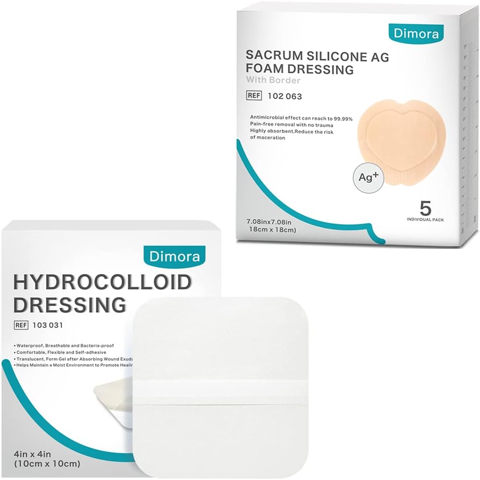 Hydrocolloid Dressing, 10 Pack Ultra Thin 4" x 4" + Ag Silver Sacrum Foam Dressing Banges Silicone Adhesive Border 7"x7"