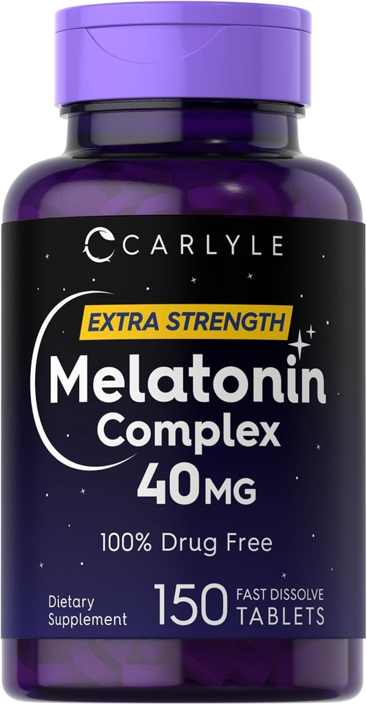Carlyle Melatonin 40 mg Kompleksi | 150 Hızlı Dissolve Tabletler | Ekstra Kuvvet Desteği | Ashwagandha ve Chamomile | Vegetarian, Non-GMO, Gluten Free Supplement
