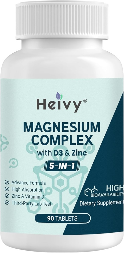 Magnezyum Kompleksi 3 Pack, Magnezyum Glycinate, Citrate, Malate, Oksit, Gluconate with çinko and Vitamin D3, Magnezyum Supplement for Muscle, Nerve, Heart, Bone Support, High Abxia, 270 Tabletler