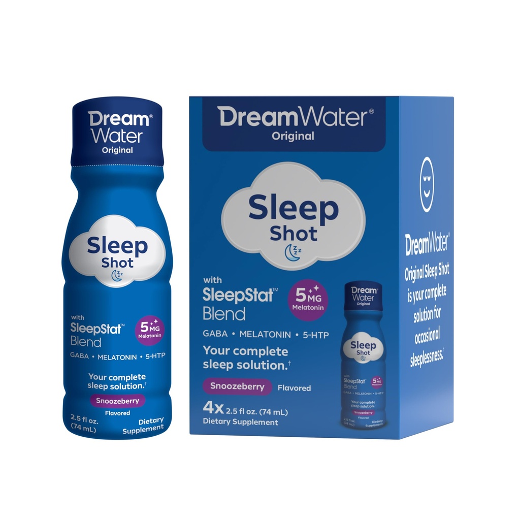 Dream Water Sleep Aid Supplement Drink; Melatonin 5 mg, GABA, 5-HTP; Zero Sugar, Natural Flavors, Nodrew Colors, 2.5 oz Liquid Sleep Shots, Snoozeberry, 4-Count