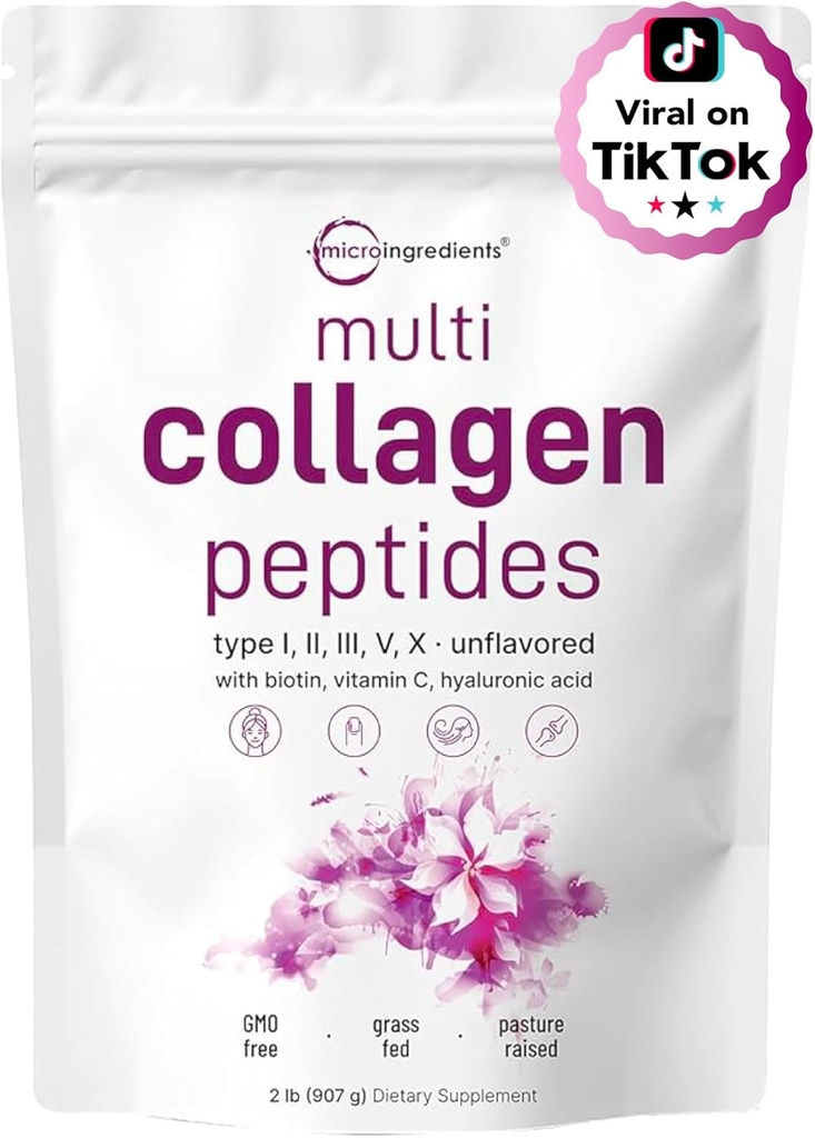 Mikro Malzemeler Multi Collagen, Toz, 2lb | Tip I, II, III, V, X + Biotin, C & Hyaluronik Asit | Unflavored | Destekler Saç, Skin & Ortak Sağlık | Chem, Non-GMO