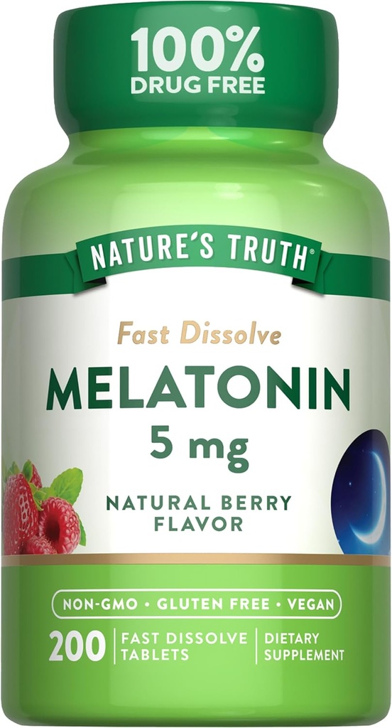 Nature's Truth Melatonin 5 mg Hızlı Dissolve Tabletler | 200 Kont | Natural Berry Flavor | Vegan, Non-GMO & Gluten Free Supplement Supplement Supplement
