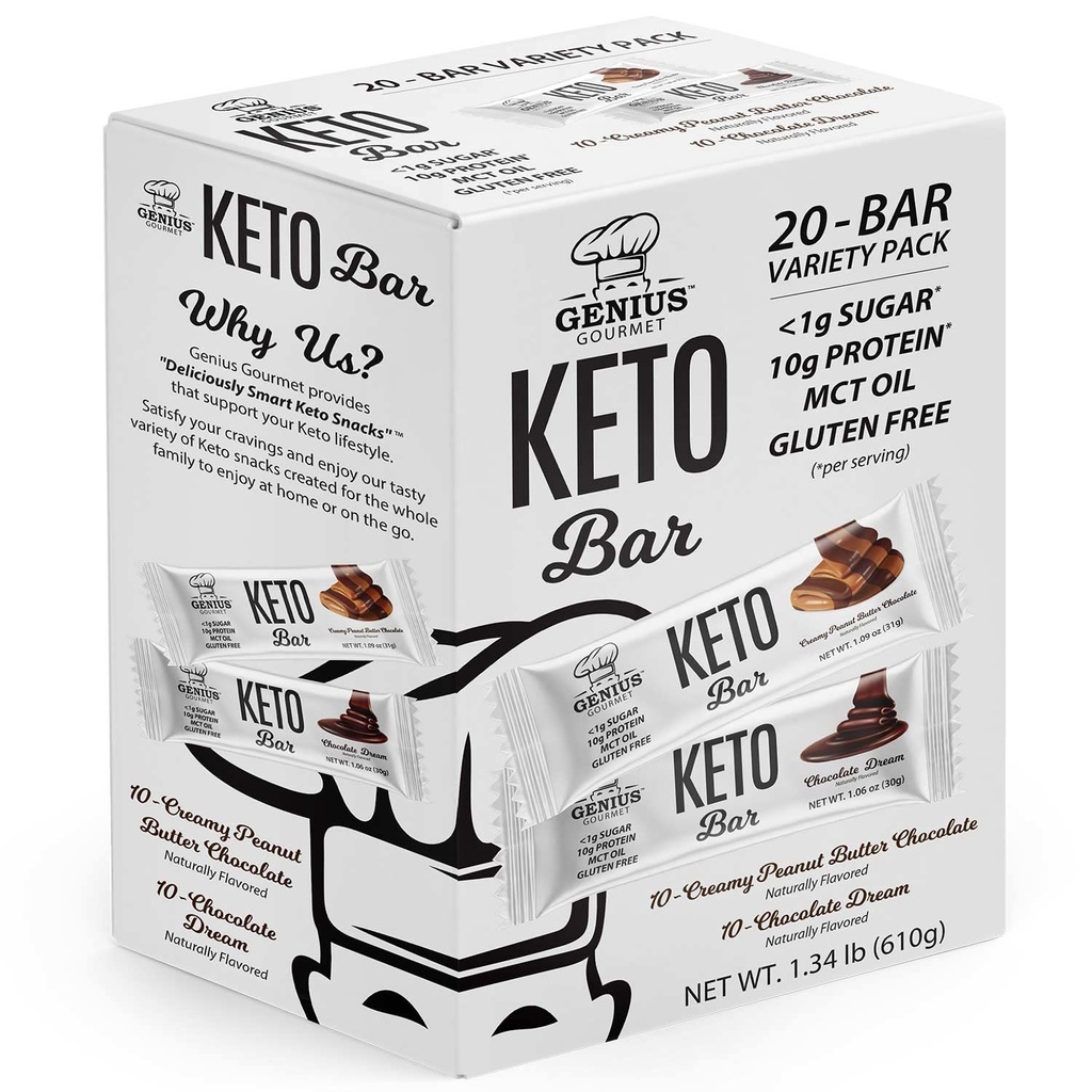 Genius Gourmet Gluten Free Keto protein Bar, Chocolate Keto Bars, Premium MCTs, Low Carb, Low Sugar (Variety Pack, 20 Count ( 1))