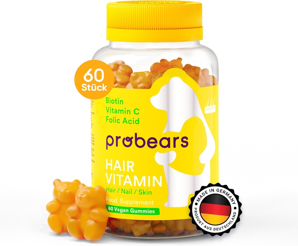 Probears® Biotin (B7) Vegan Saç Büyüme Gummies Vitaminleri - 10.000 mcg,Esssential Vitamins A, B5, B6, B12, C, D2, E for Hair Missing - Gluten-Free, Gelatin-Free, Hell - 60
