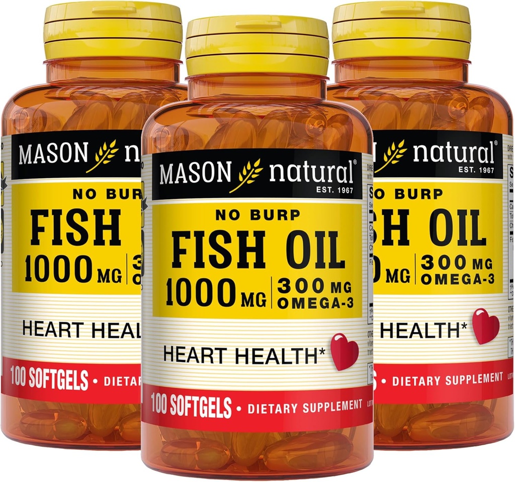 Mason Natural No Burp Fish Oil 1000 mg Omega,3 300 mg, Destekler Normal Kalp Sağlığı, 100 Softgels (Pack of 3)
