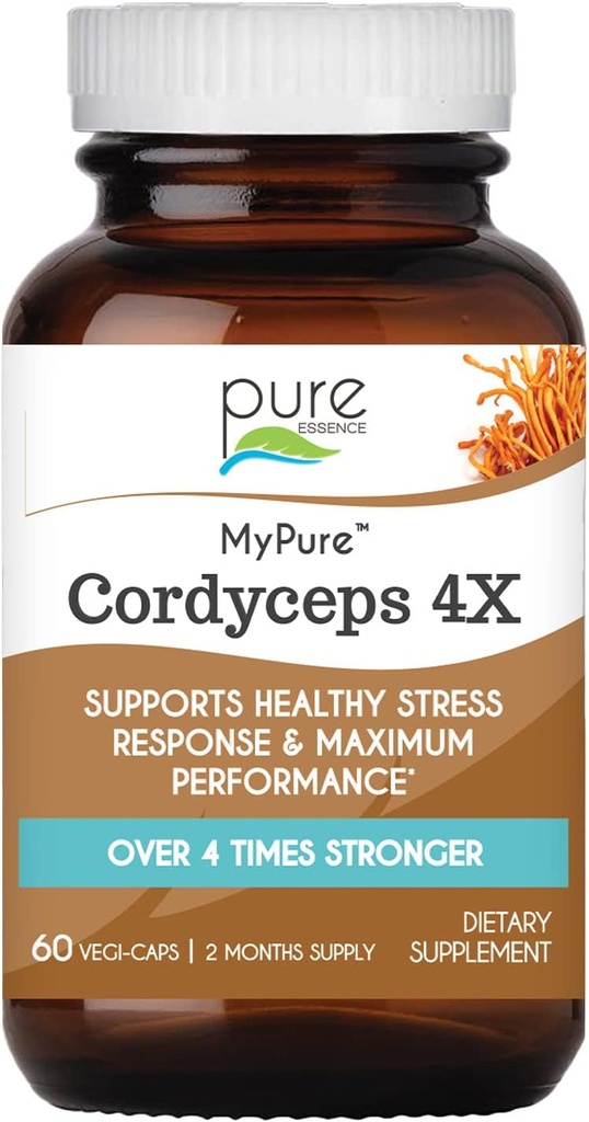 PURE ESSENCE LABS MyPure Cordyceps 4X Mushrooms - Yoğun Cordyceps Mushroom Toz Supplements for Immune System, Stress Response, Physical & Spirit Performance - 2 Ay Supply