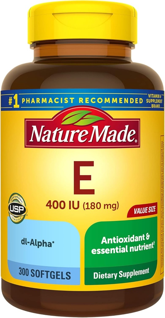 Nature Made Vitamin E 180 mg (400 IU) dl-Alpha, Dietary Supplement for Antioksi Support, 300 Softgels, 300 Day Supply