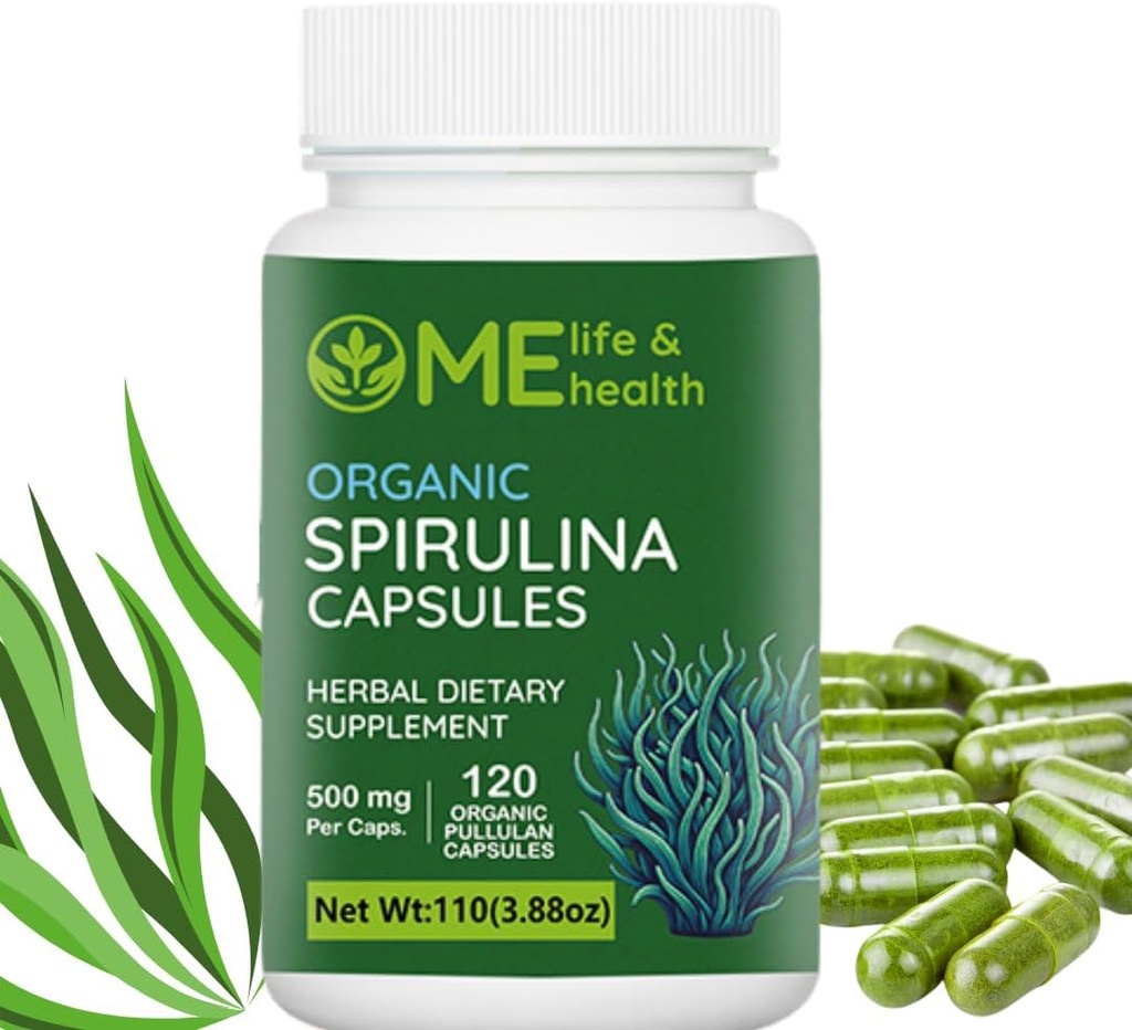 ME LIFE & SA Spirulina Capsules,% 100 Organik baharatrulina Toz (120 ct) Proteinde 500 mg Zengin, B12 Antis ve Vitaminler, Vegan, Doğal ve Pure spirulina Non-GMO & Gluten Ücretsiz