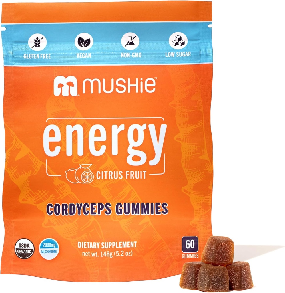 Mushie 100% Organik Cordyceps Mushroom Gummies - 2000 mg Cordyceps Militaris Nootropic for Energy & Immune Support with Vitamin D - Vegan, Gluten-Free - 60 Count