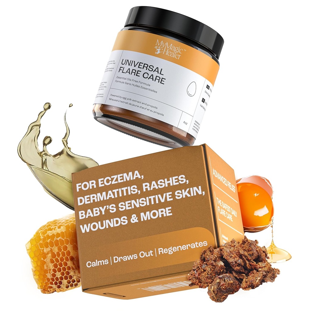 MyMagicHealer Universal Flare Care | Essential Oil Free | Relief for Rashes, Eczema, Psoriasis, Hidradenitis Suppurativa, Impetigo, Dermatitis, Yara Bakımı, Hassas Skin w/Propolis & Egg Yolk 4 oz