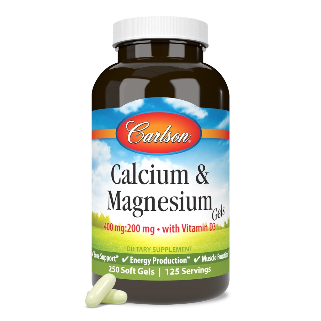 Carlson - Calcium & Magnesium Gels, 2:1 Calcium to Magnesium Ratio, 200 mg Calcium Supplement, 100 mg Magnesium Supplement, Bone Support, Energy Production, 250 Softgels