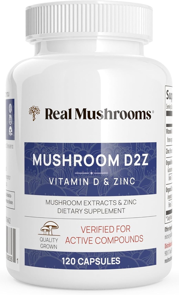 Gerçek Mushrooms çinko ve D2 Capsules - Organik Chaga ve Reishi Mushroom Extracts - Genel Wellness Desteği için Vitaminler - Vegan, Non-GMO, Gluten-Free – 120 Kont Mushroom Supplement