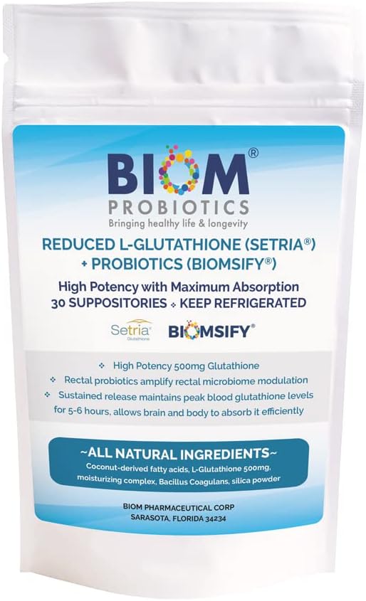 High Potency 500mg Reduced L-Glutathione (Setria Brand) + Probiotic Suppository. Maximum Bioavailable Glutathione Formulation with Powerful Antioxidants. Probiotic Complements The Formulation