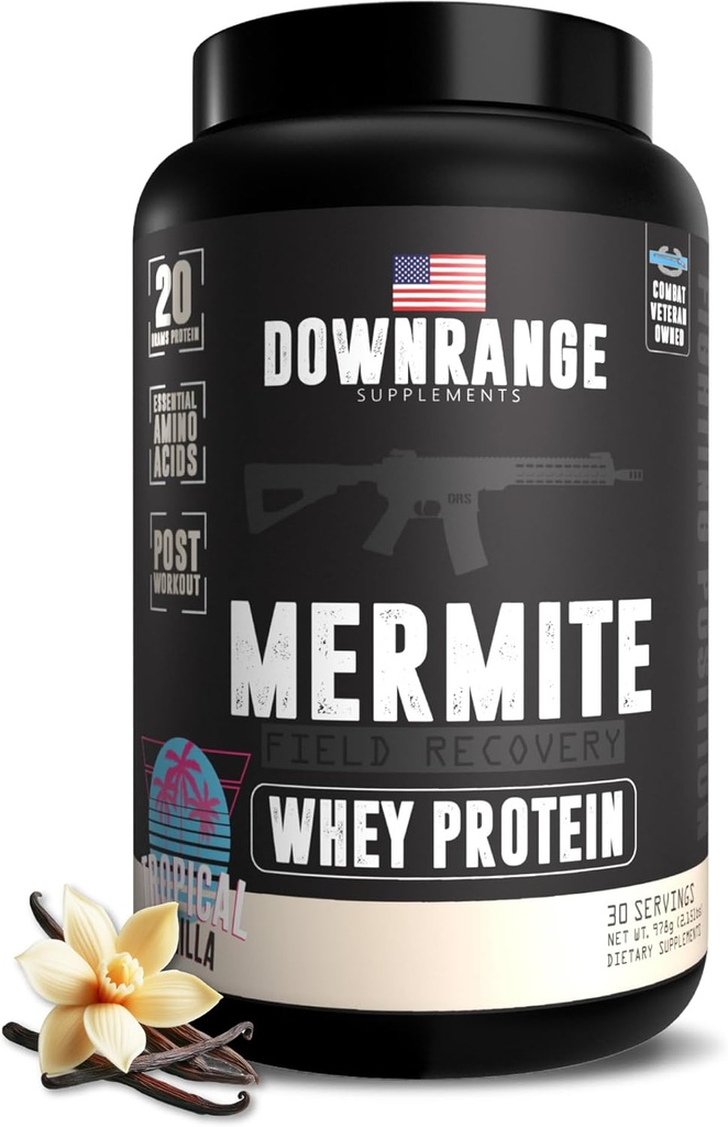 DownRange Mermite Whey Protein Toz, Post Workout Muscle Recovery & Enerji Desteği, 20g Whey proteini ile Mix Supplement, 9g Amino Asit, 30 Hizmet (Vanilla)