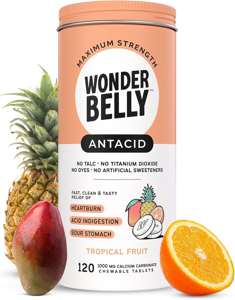 Wonderbelly Antacid, Etkili Kalpburn ve Anında Asit İndigestasyon Yardımı, Ekstra Kuvvetli Tabletler, 1000 mgba Karbonat, Talc veya Dye, Tropikal Meyve, 120 Kont