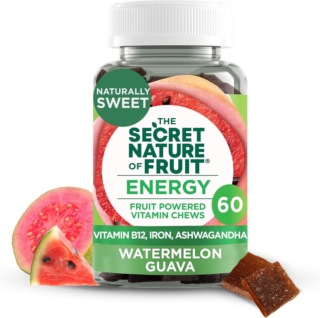 Meyve Enerji Chews'in Gizli Doğası, Gerçek Meyve B12, Iron, Ashwagandha, Watermelon & Guava Uzun Son Enerji için (60)