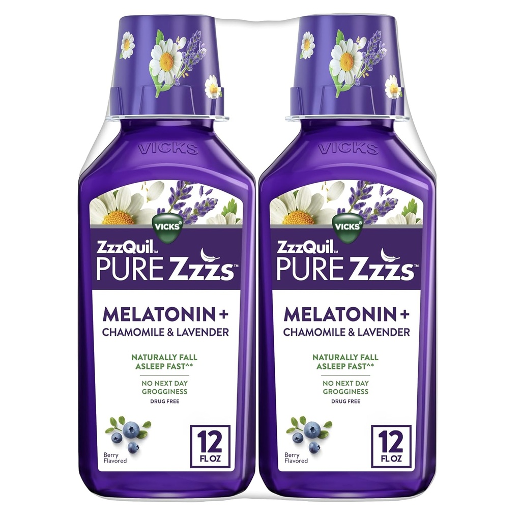 ZzzQuil Pure Zzzs Melatonin Liquid, Sleep Aid, Liquid Melatonin 2 mg, Chamomile & Lavender, Fall Asleep Fast, Melatonin Sleep Aids for Yetişkinler, Berry Flavored, 2 Pack, 24 FL OZ