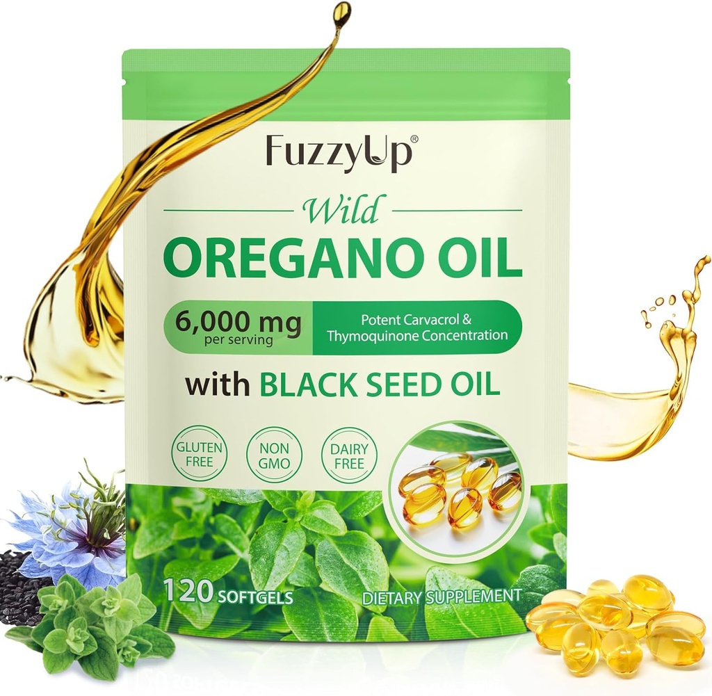 Oregano Oil Capsules, 2 in 1 6000 mg Oil of Oregano with Black Seed Oil 200 mg, Oil of Oregano Softgels 120 Kont, Organik Oregano Oil Capsules, Immune Support, Non-GMO, Dairy-Free, Gluten-Free, Gluten-Free