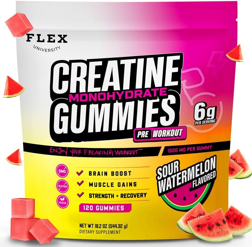 Erkek Kadınlar için Kreat Gummies 6g, Kretine Monohidrat Pre Post Workout Recovery Muscle Building Supplement protein Chewables, Vegan Watermelontina Gym Booty Growth Gains (120 Ct)