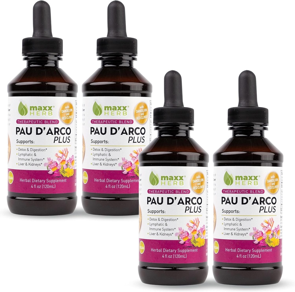 Maxx Herb PAU D'Arco Extract with Dandelion Root & Red Clover Tedavisi, PAU Darco Tincture Absorbs Better Than Taheebo Tea or Capsules, for Immune Support, 4 Şişes (240 Hizmet)