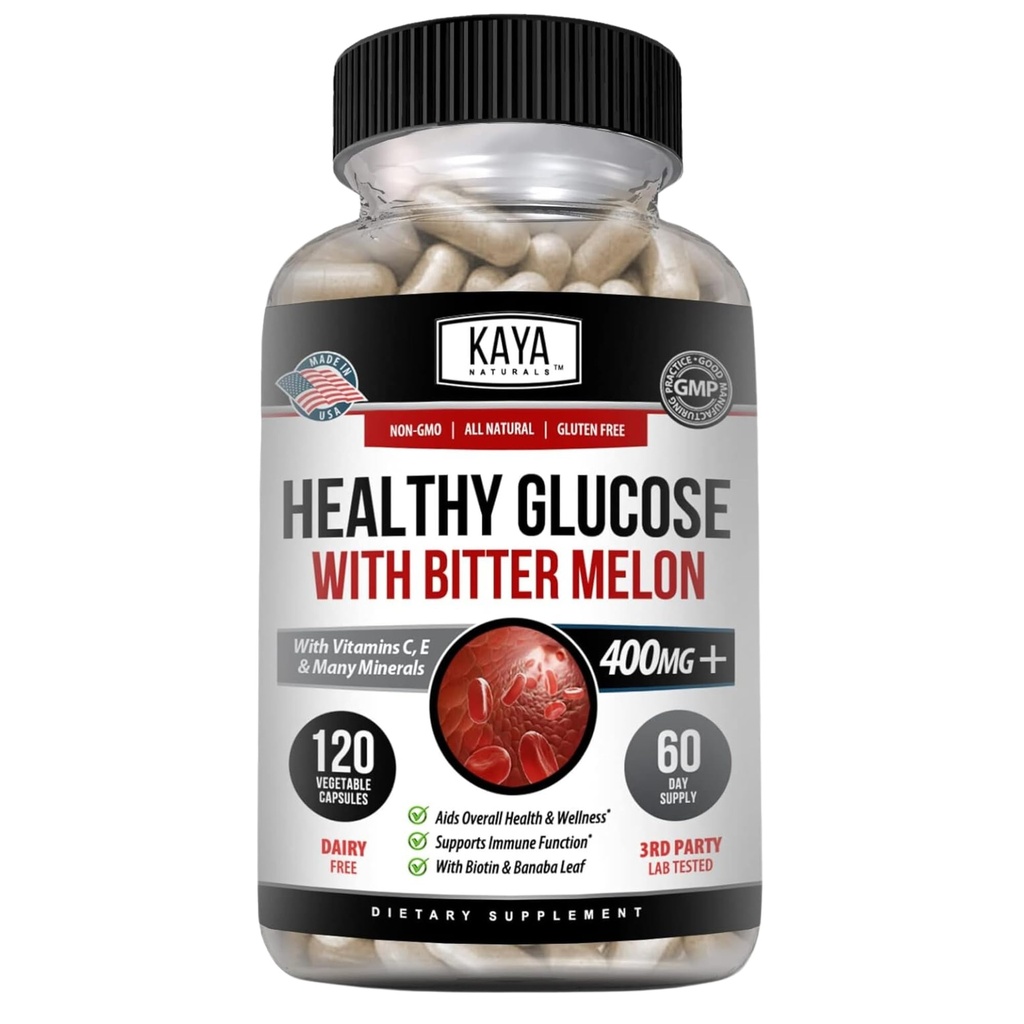 Kaya Naturals Health Gluco with Bittermelon Supplement | Sağlıklı Seviyeler ve Fonksiyonlar, 20 Herbs Vitaminleri ve Mineralleri, Alfa Lipoic Acide, Cinnamon, C & E, Non-GMO (120 Kont)