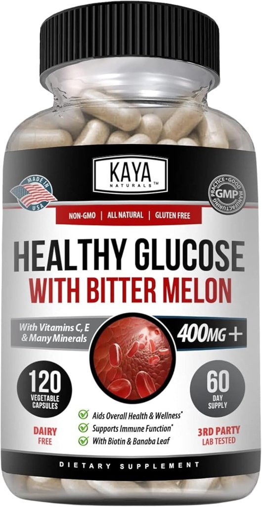 Kaya Naturals Health Gluco with Bittermelon Supplement | Sağlıklı Seviyeler ve Fonksiyonlar, 20 Herbs Vitaminleri ve Mineralleri, Alfa Lipoic Acide, Cinnamon, C & E, Non-GMO (120 Kont)
