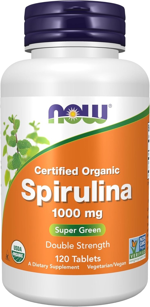 Şimdi Gıdalar Tamamlar, sertifikalı Organik, Spirulina 1000 mg (Çift Güç), Beta-Carotene (Vitamin A) ve B-12 doğal olarak GLA , 120 Tabletler ile Zengin (Vitamin A) ve B-12)