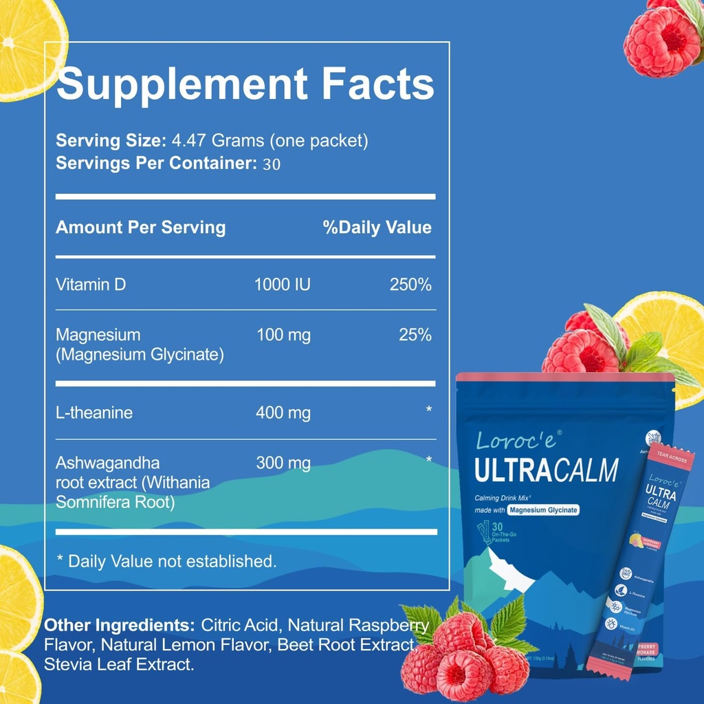 UltraCalm Super Cortisol Drink, Calm Magnezyum Glycinate Toz (30 Hizmet), L-theanine, Ashwagandha, Vitamin D, No Sugar, Raspberry Lemonade Electrolytes Toz-1