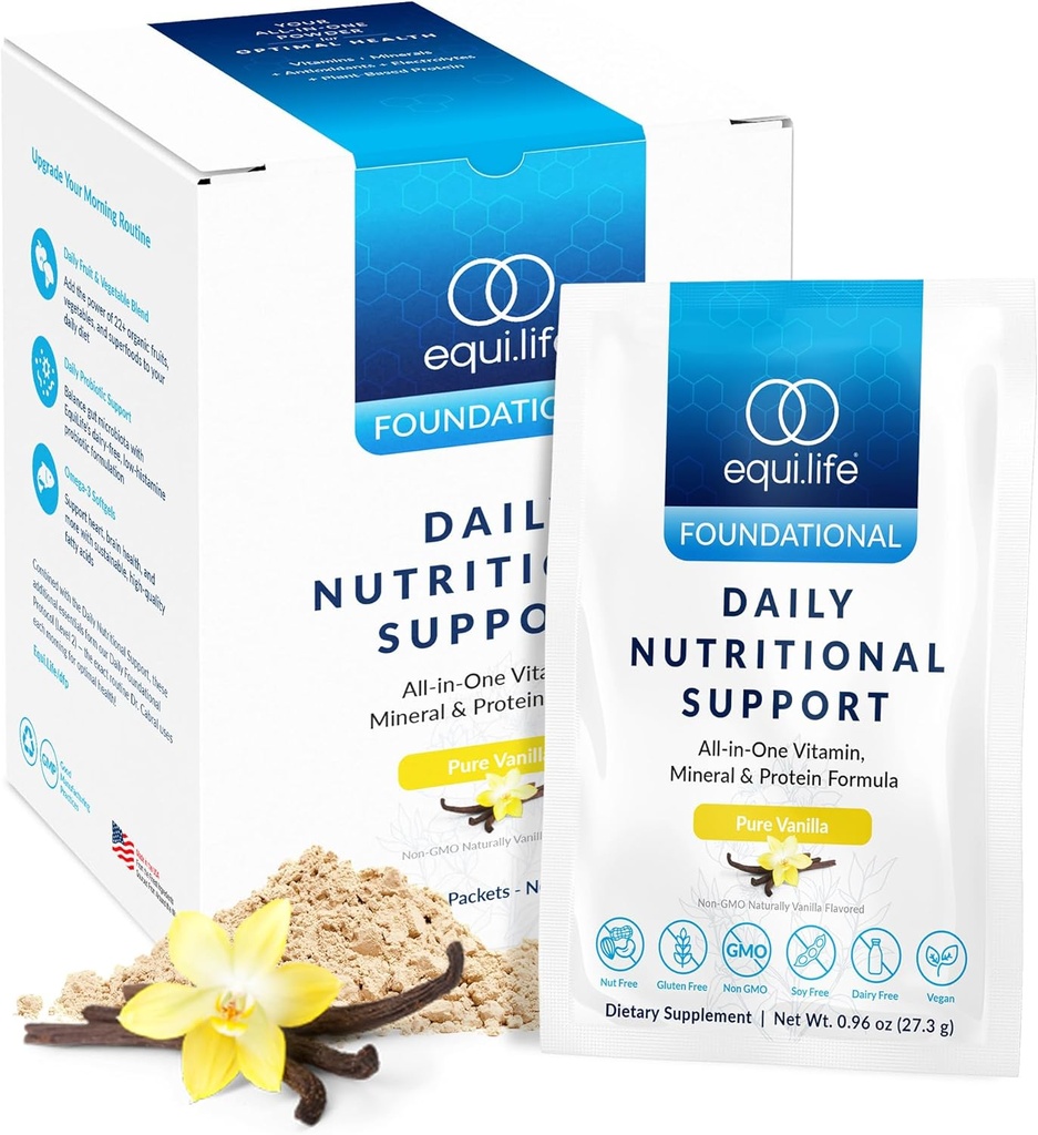 Equilife Καθημερινή Διατροφική Υποστήριξη, All-in-One Αντικατάσταση πολυβιταμινικού γεύματος, Pure Vanilla Flavor, 15G Πρωτεΐνη φυτών, Υποστηρίζει τη συνολική ευεξία συμπεριλαμβανομένης της ενέργειας, dibestion, & δέρμα, 14 πακέτα
